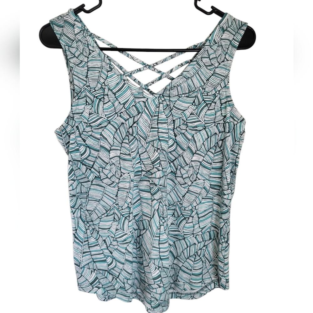 Title Nine Criss-cross Back Tank Top - Green Leaf Pattern - Size S
